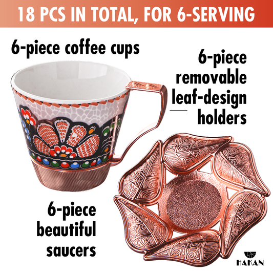 Turkish Coffee Cup Set Leaf Design Saucers — 18 Piece, 2 Sizes
