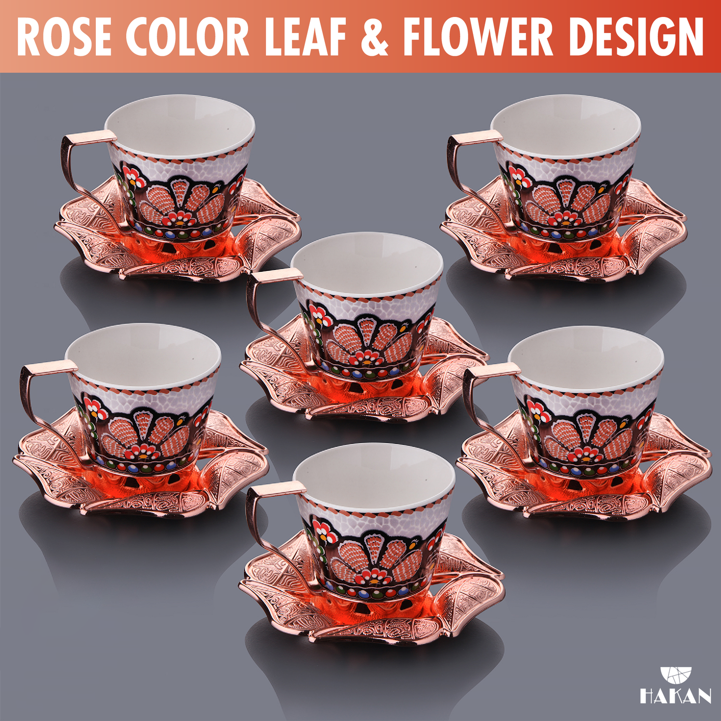 Turkish Coffee Cup Set Leaf Design Saucers — 18 Piece, 2 Sizes