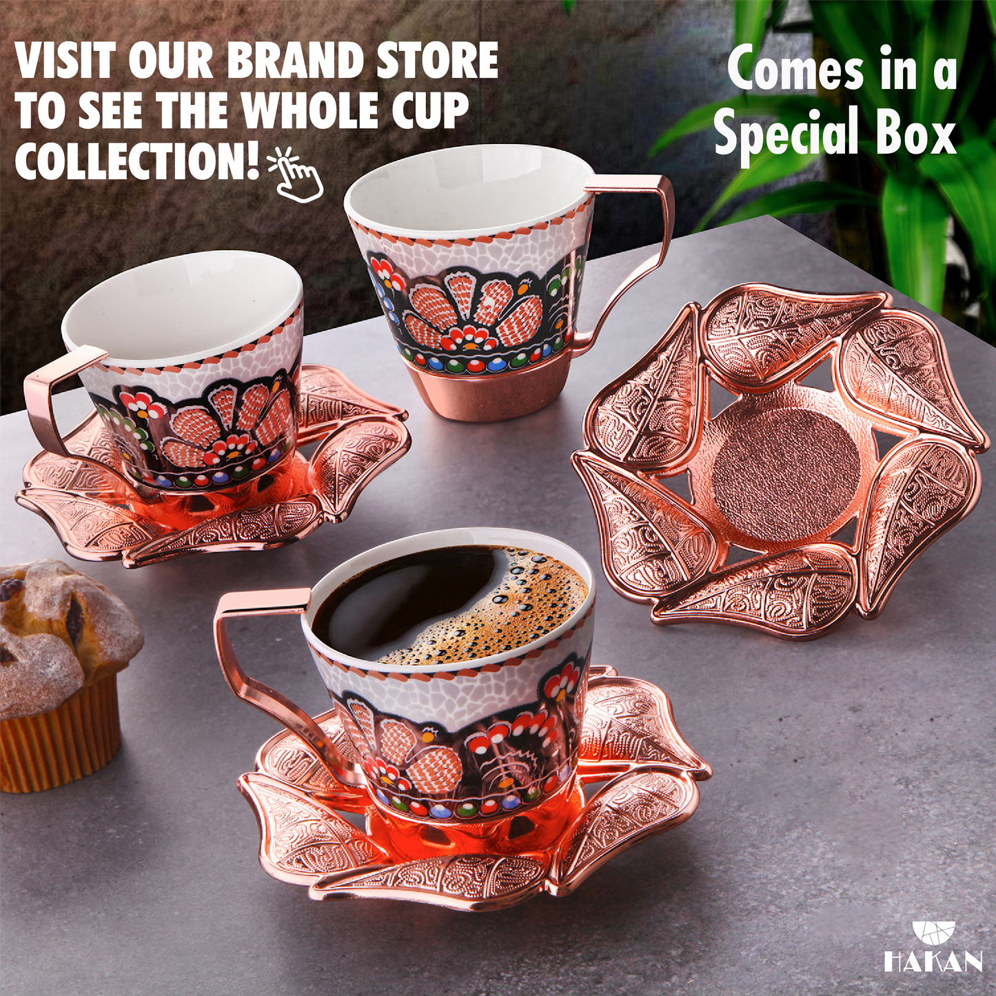Turkish Coffee Cup Set Leaf Design Saucers — 18 Piece, 2 Sizes