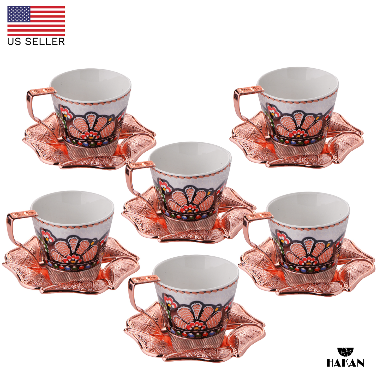 Turkish Coffee Cup Set Leaf Design Saucers — 18 Piece, 2 Sizes