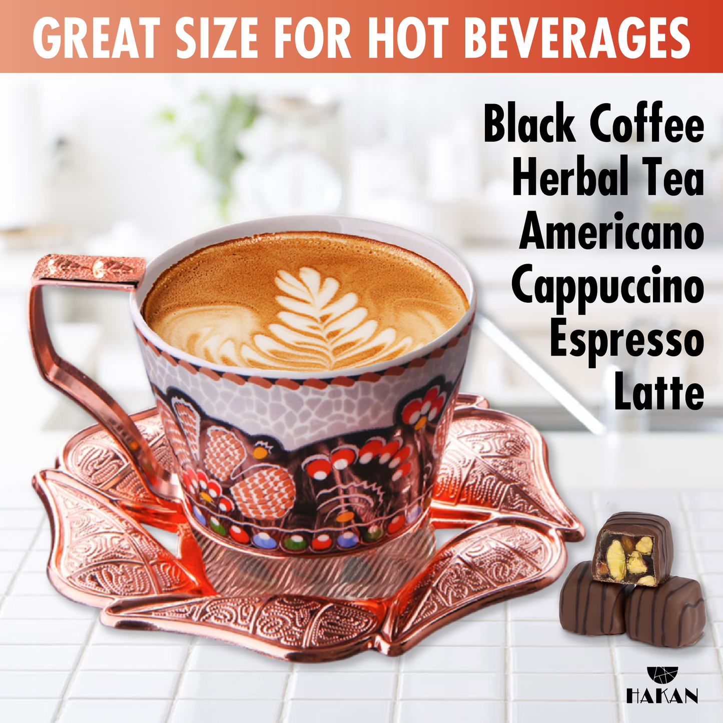 Turkish Coffee Cup Set Leaf Design Saucers — 18 Piece, 2 Sizes