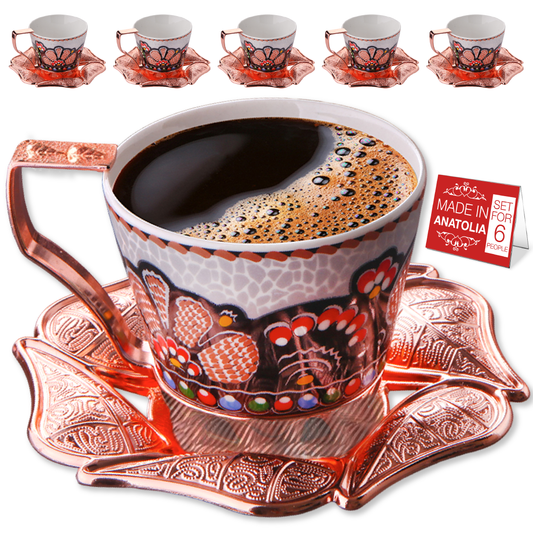Turkish Coffee Cup Set Leaf Design Saucers — 18 Piece, 2 Sizes