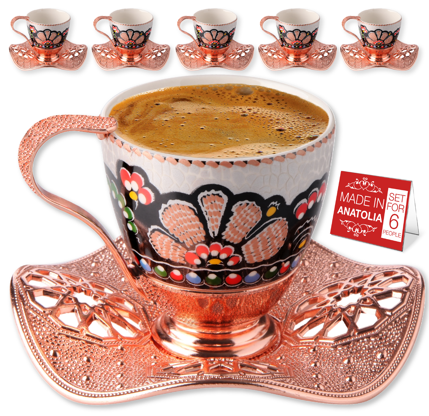 Turkish Coffee Cup Set Leaf Design Saucers — 18 Piece, 2 Sizes