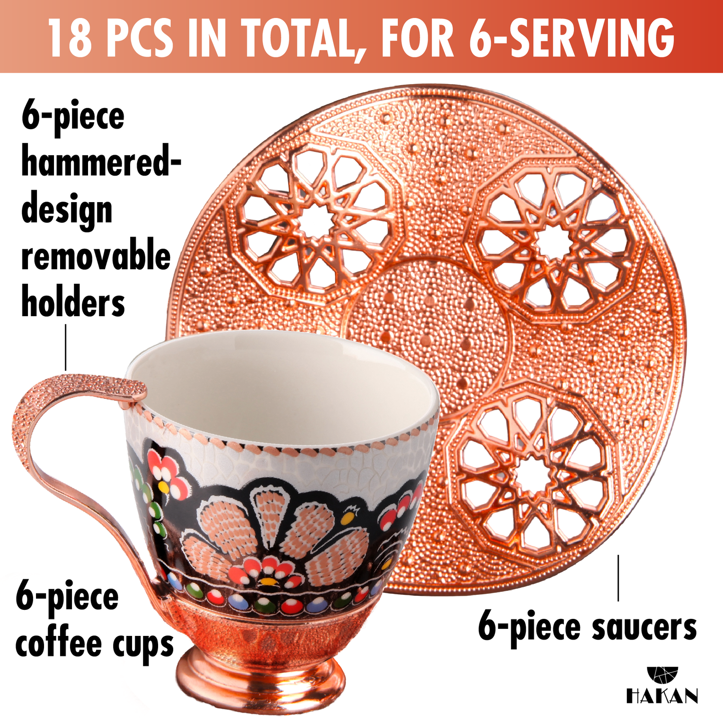 Turkish Coffee Cup Set Leaf Design Saucers — 18 Piece, 2 Sizes