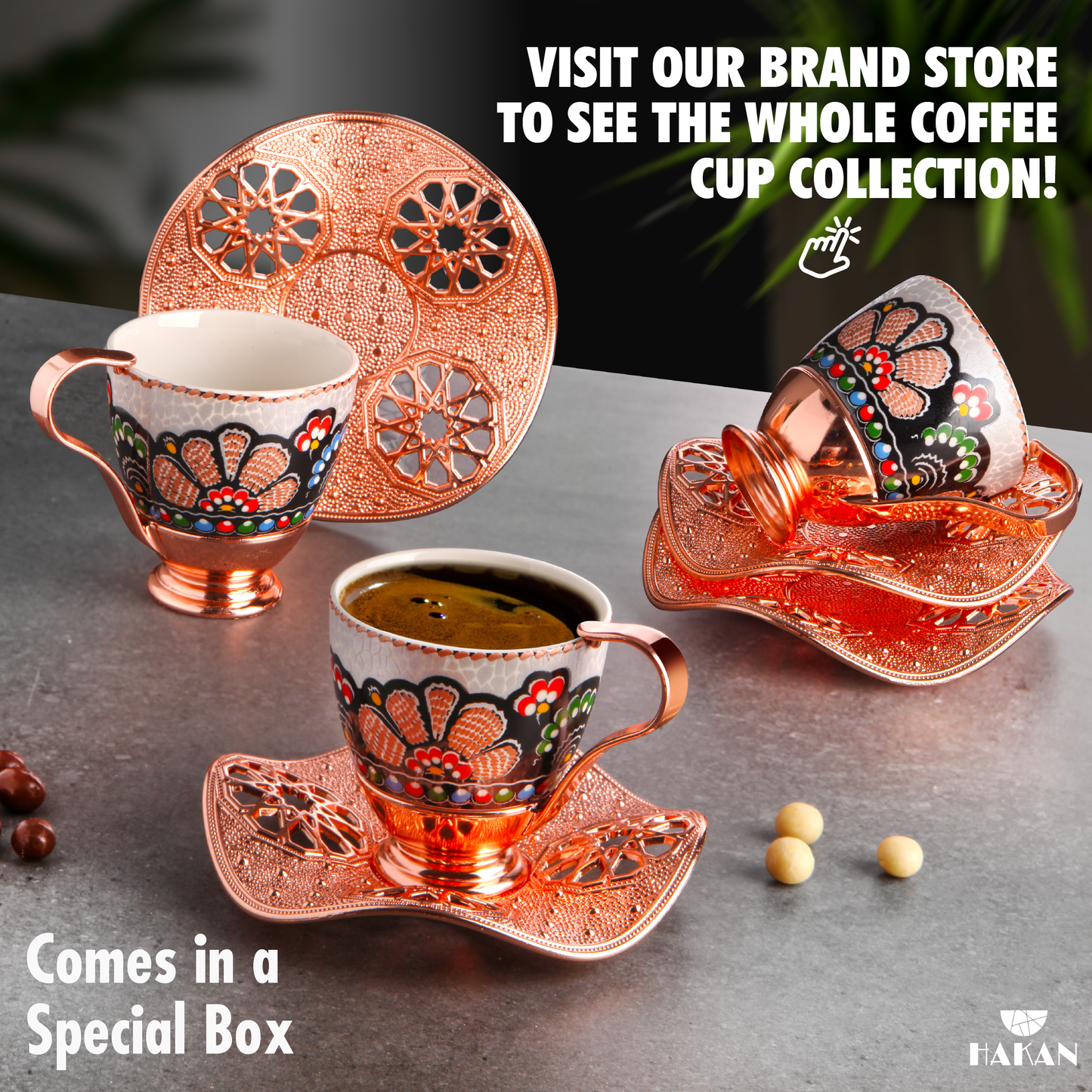 Turkish Coffee Cup Set Leaf Design Saucers — 18 Piece, 2 Sizes