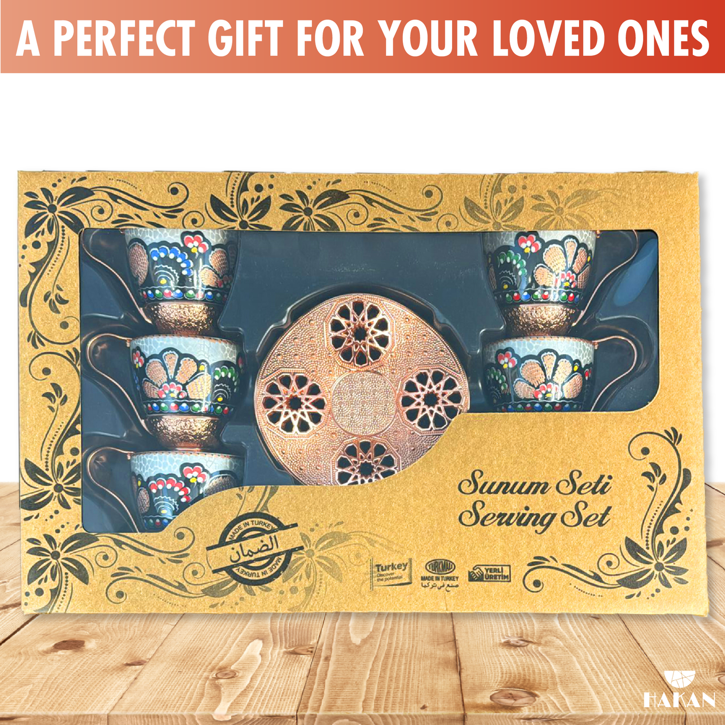 Turkish Coffee Cup Set Leaf Design Saucers — 18 Piece, 2 Sizes