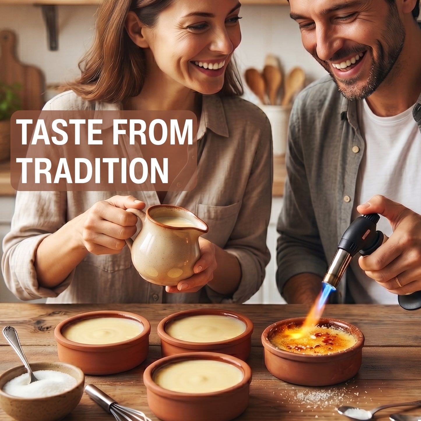 Couple in a kitchen making creme brèleé with text 'Taste from Tradition'.