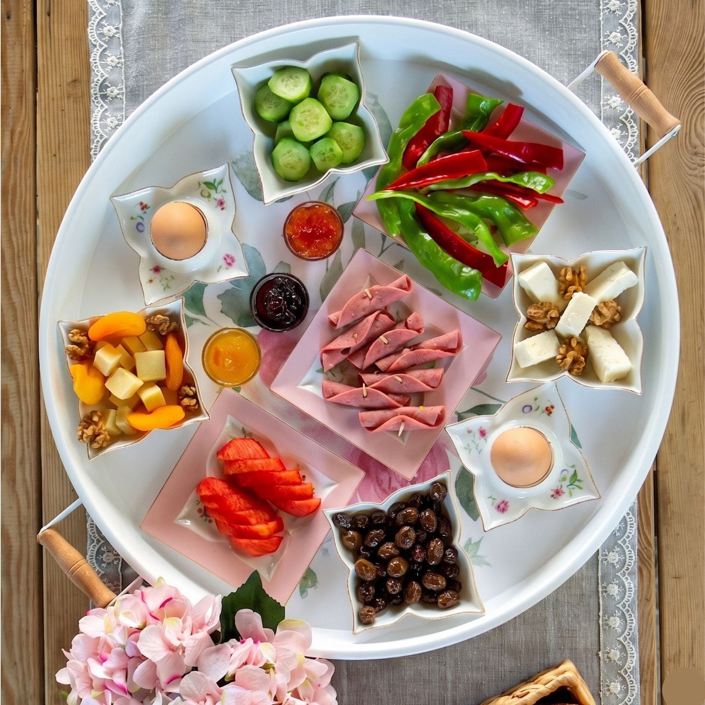 Serving Tray with Wooden Handles — Metal Base