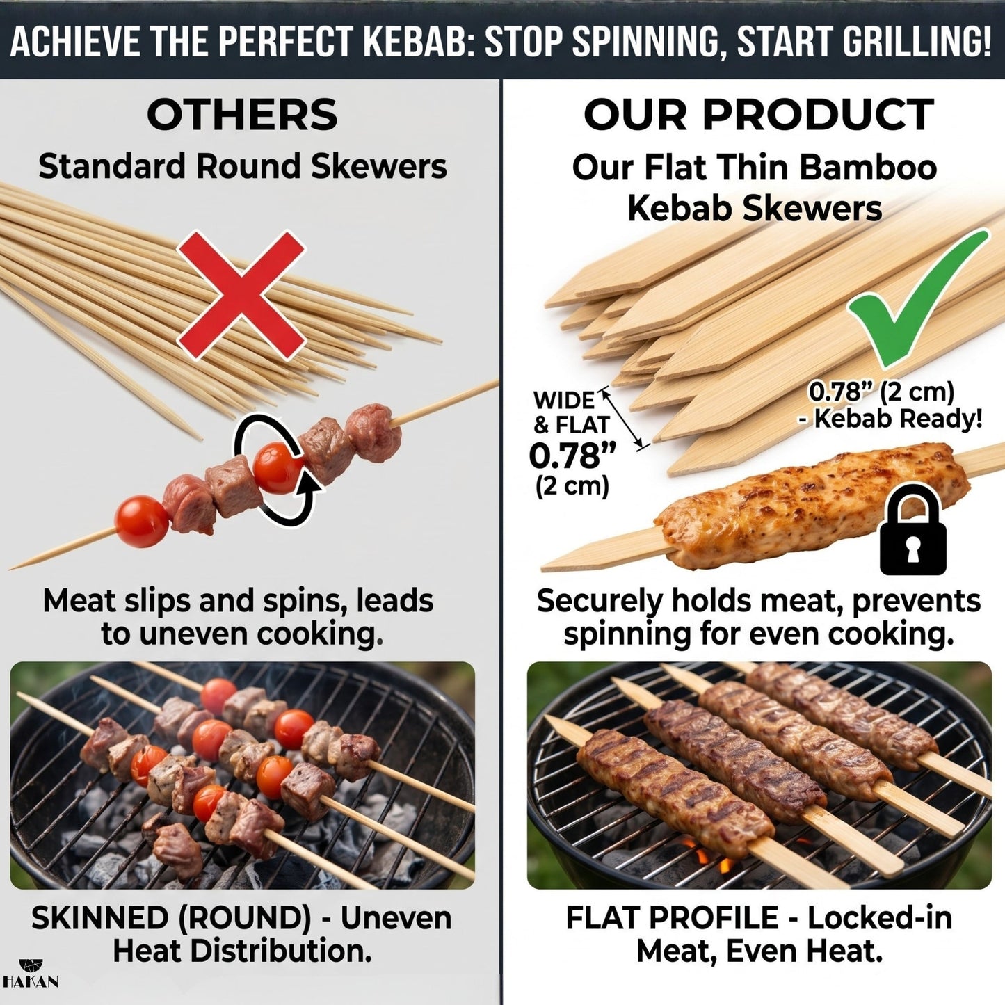 Hakan 9.8”x0.78" Bamboo BBQ Skewers, Flat Kabob Skewers for Grilling, 100 Pcs