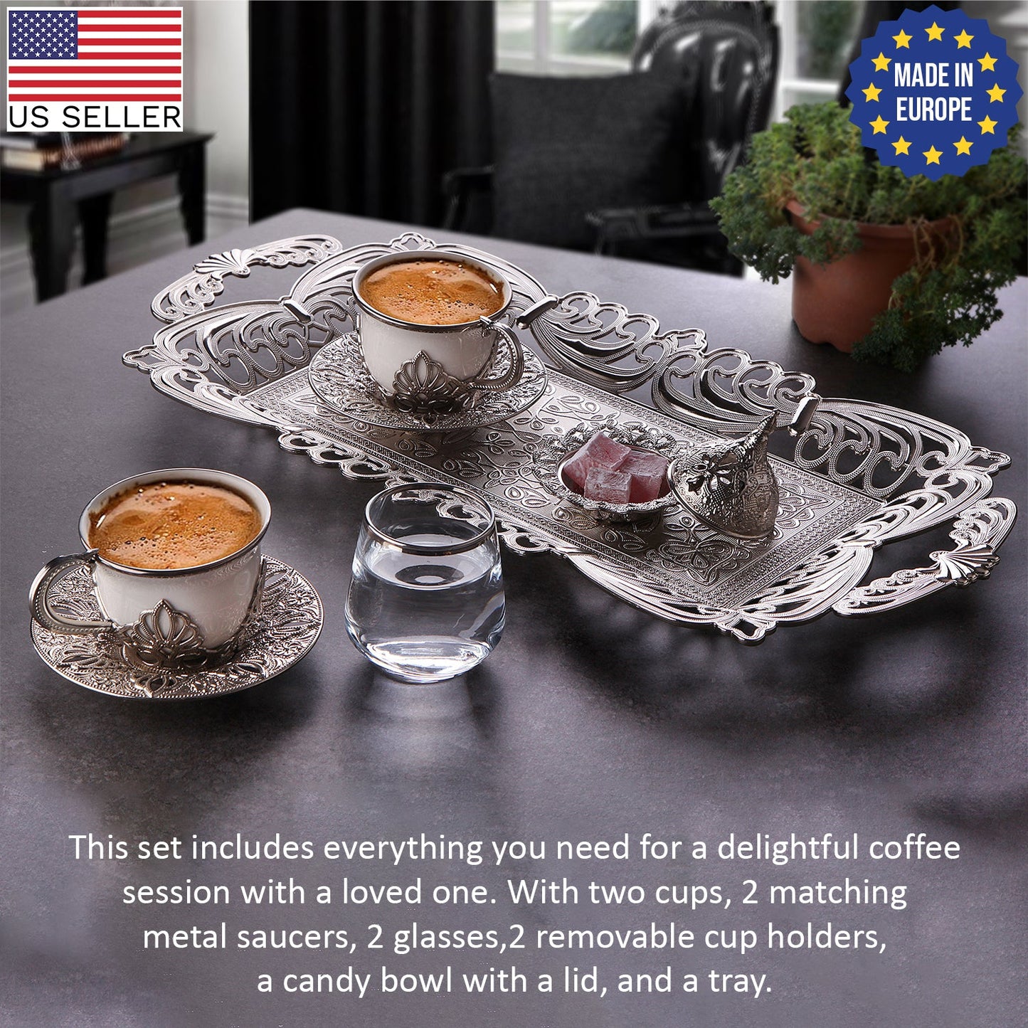 Turkish Coffee Cup Set for 2 with Glasses — Nisa, 11 Piece, 2.87 Oz
