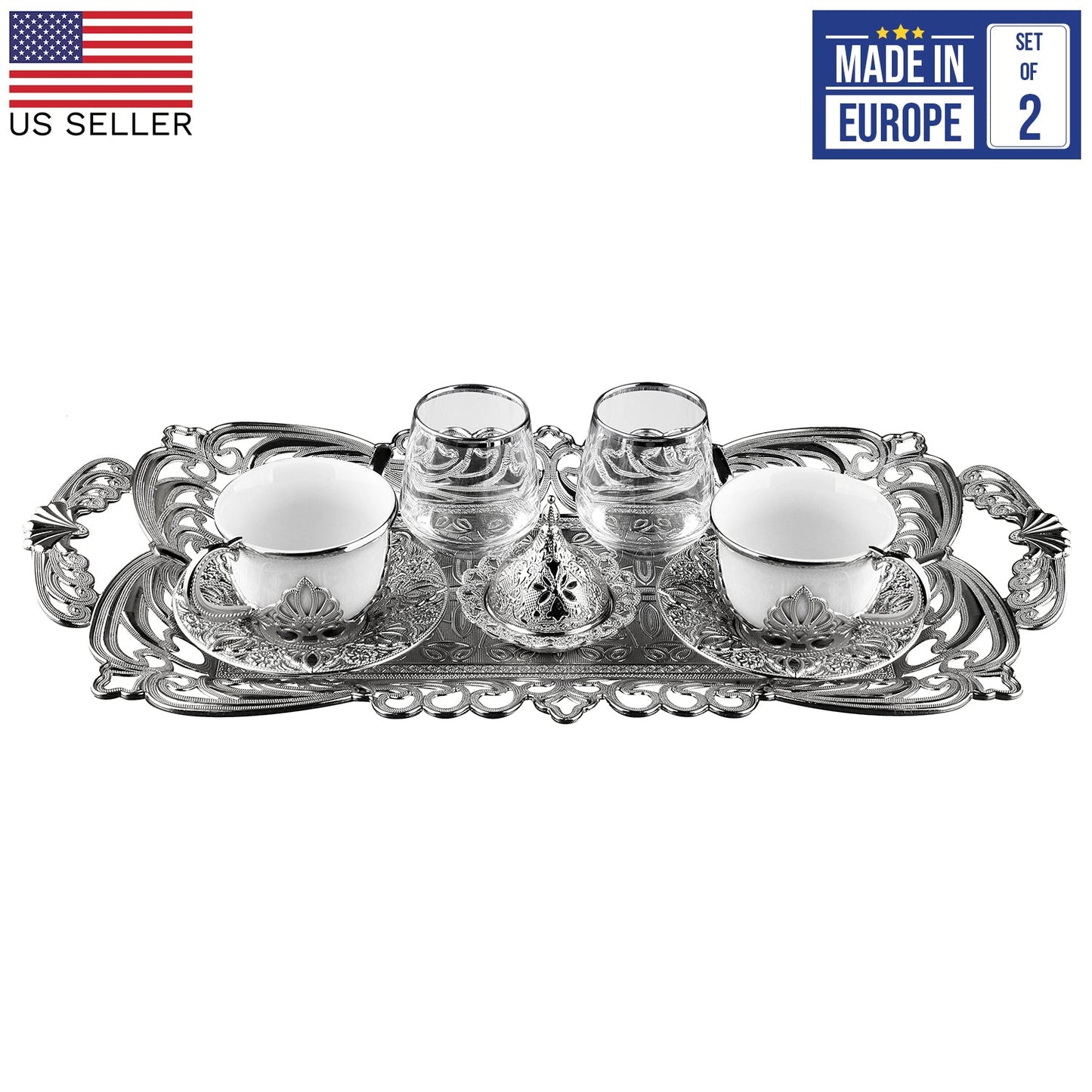 Turkish Coffee Cup Set for 2 with Glasses — Nisa, 11 Piece, 2.87 Oz