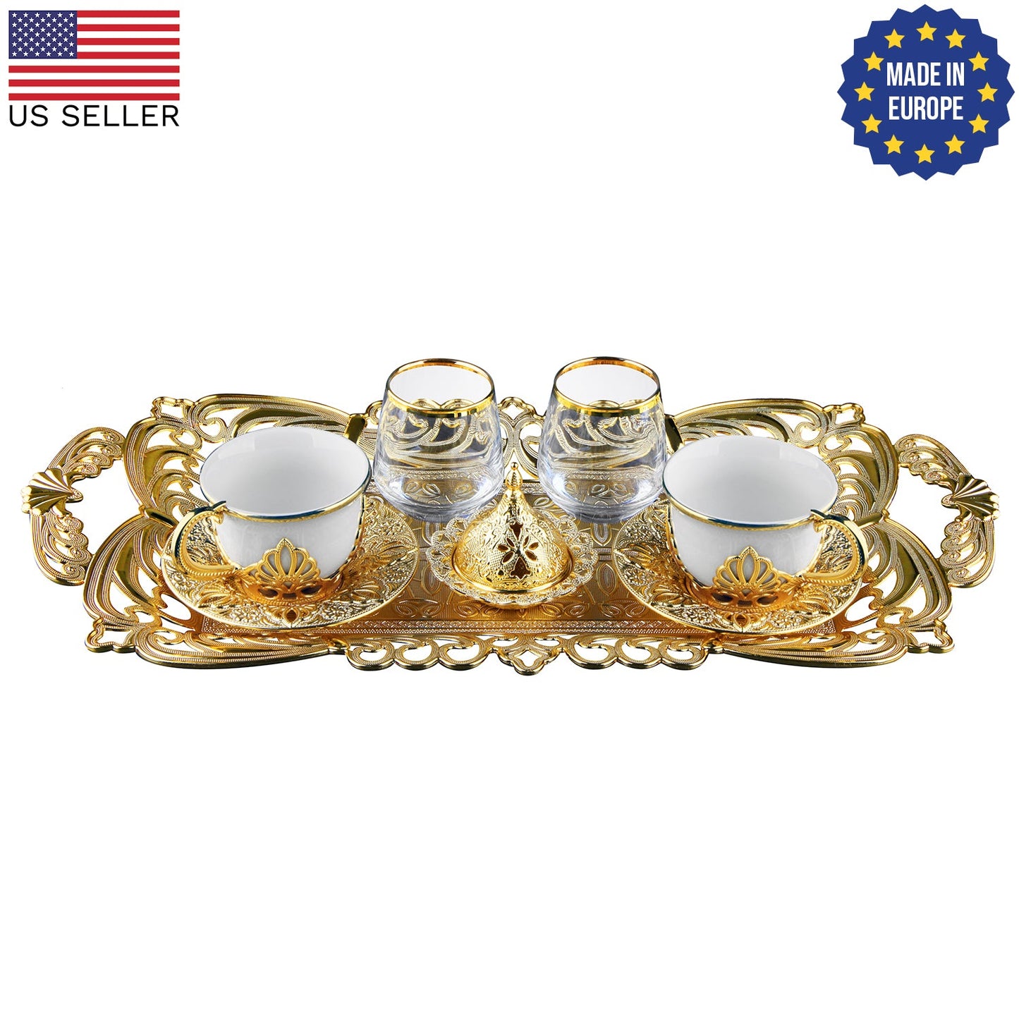 Turkish Coffee Cup Set for 2 with Glasses — Nisa, 11 Piece, 2.87 Oz