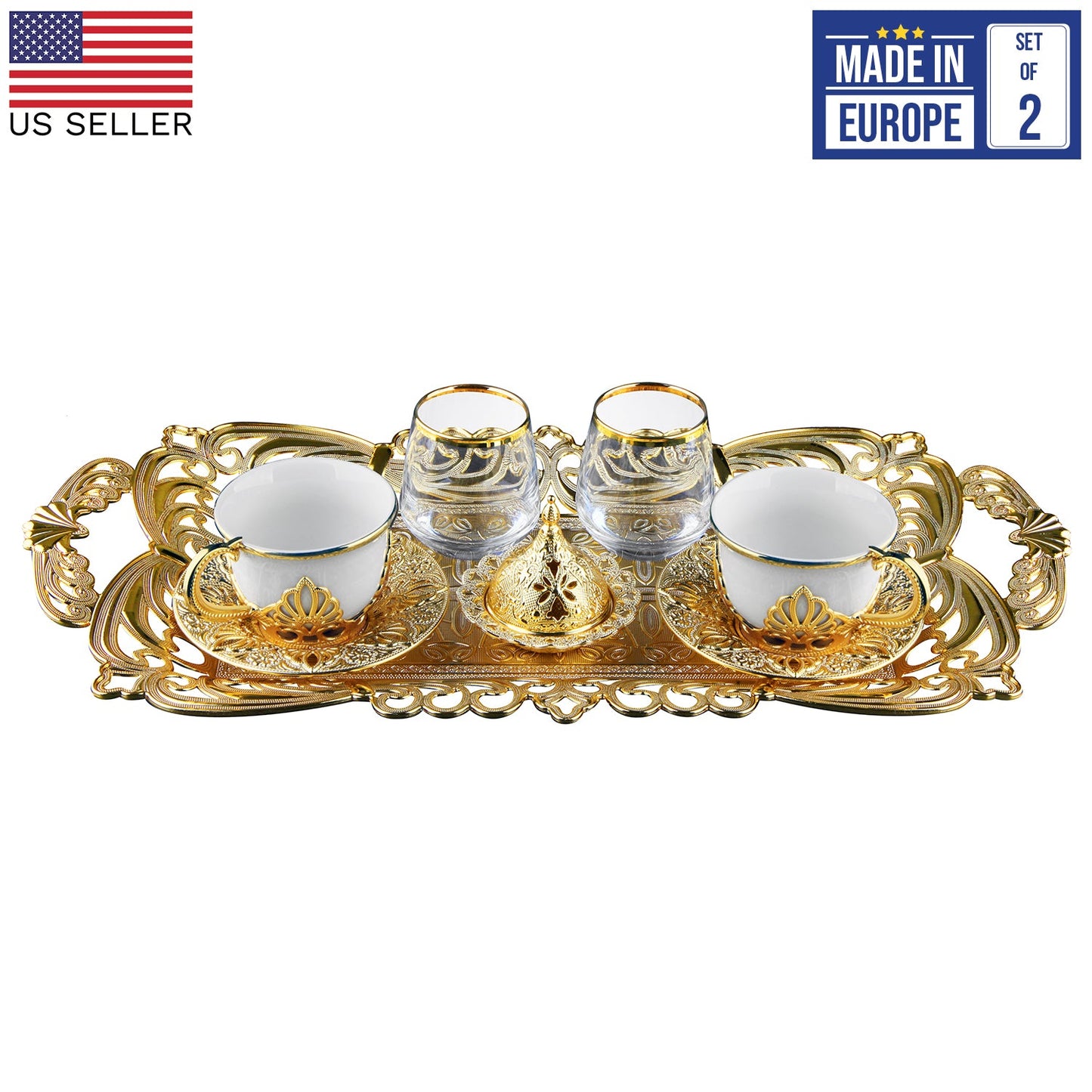 Turkish Coffee Cup Set for 2 with Glasses — Nisa, 11 Piece, 2.87 Oz