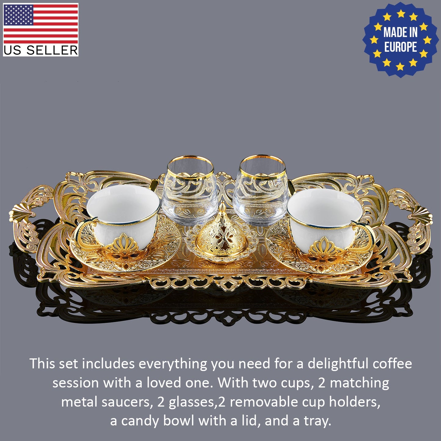 Turkish Coffee Cup Set for 2 with Glasses — Nisa, 11 Piece, 2.87 Oz