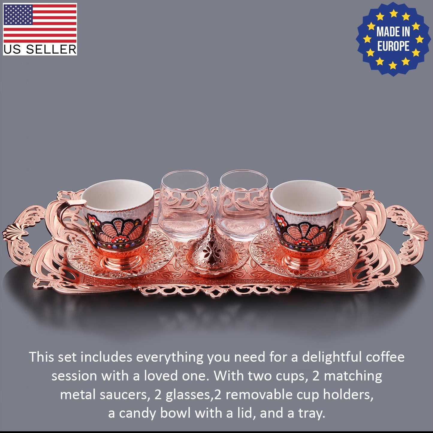 Turkish Coffee Cup Set for 2 with Bowl and Tray — Rosegold, 3 Oz