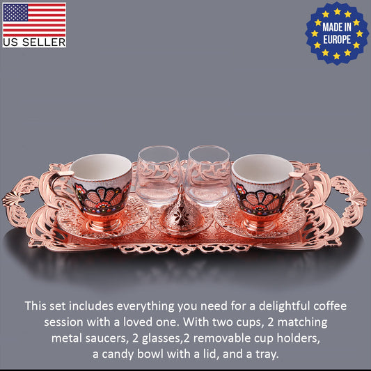 Turkish Coffee Cup Set for 2 with Bowl and Tray — Rosegold, 3 Oz