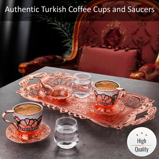 Turkish Coffee Cup Set for 2 with Bowl and Tray — Rosegold, 3 Oz
