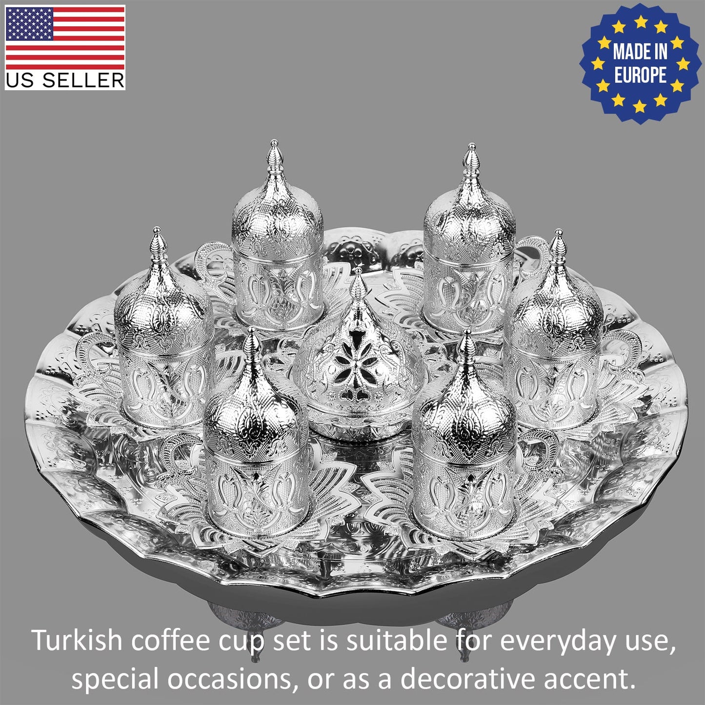 Turkish Coffee Cup Set for 6 — 27 Piece with Tray, Gold or Silver