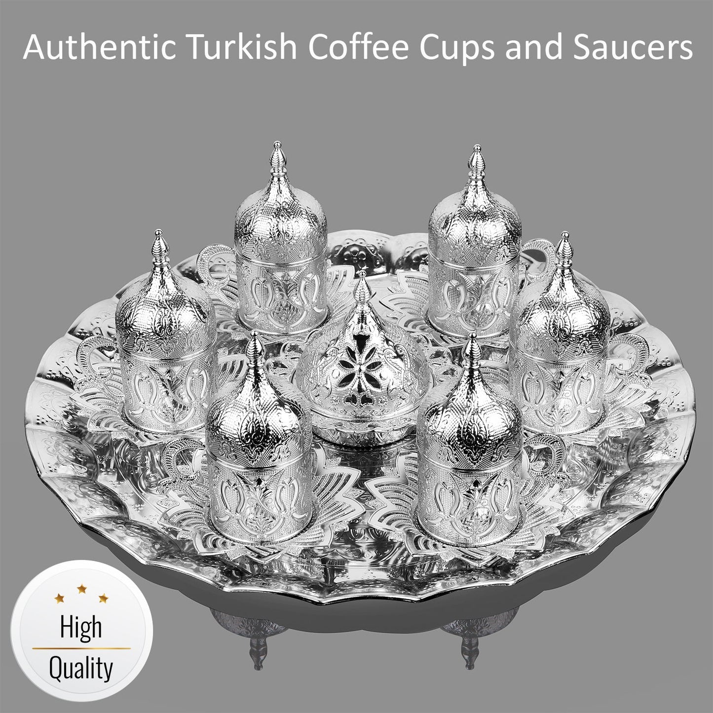 Turkish Coffee Cup Set for 6 — 27 Piece with Tray, Gold or Silver