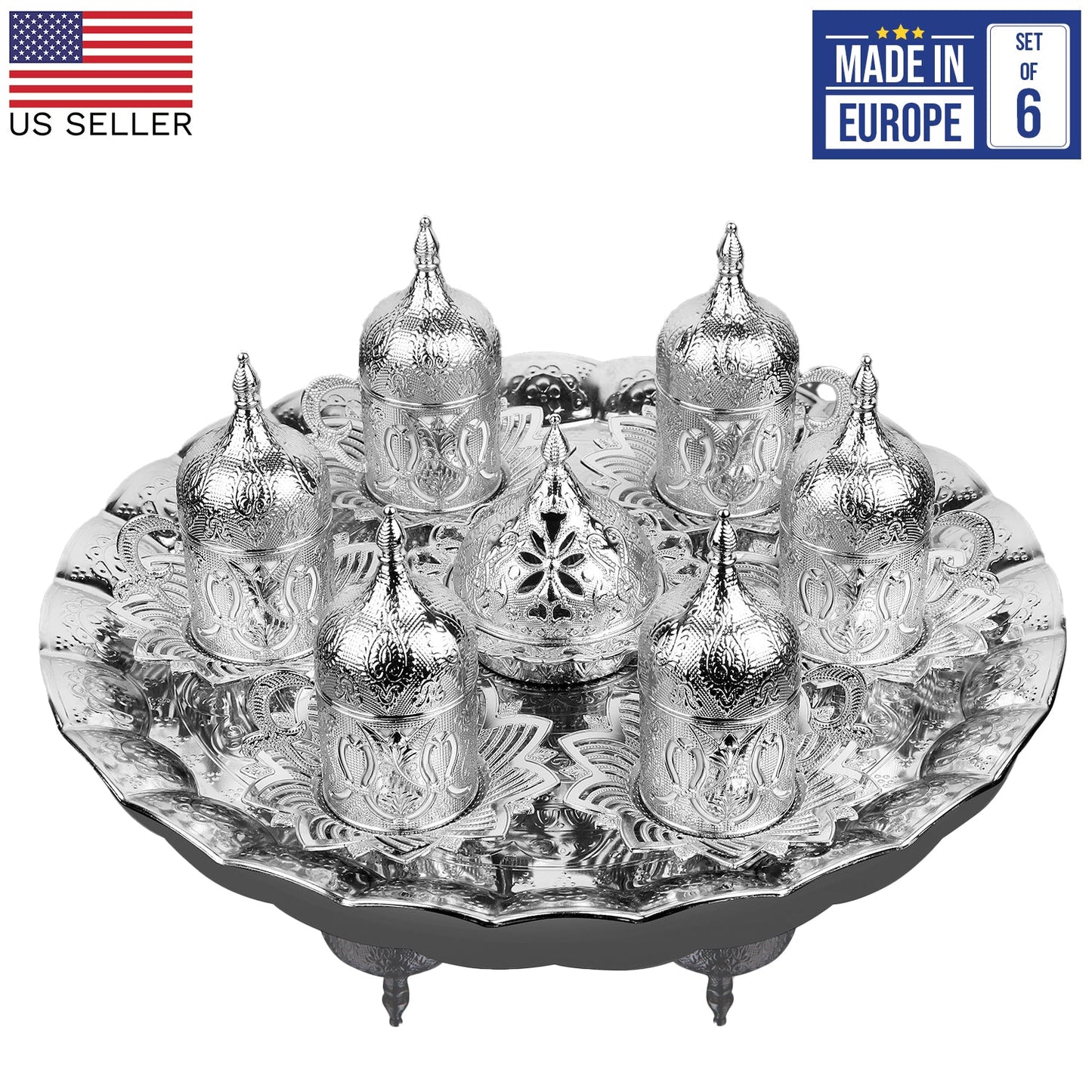 Turkish Coffee Cup Set for 6 — 27 Piece with Tray, Gold or Silver