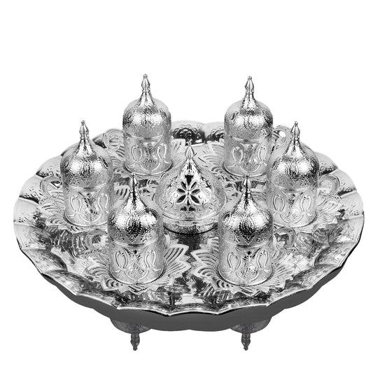Turkish Coffee Cup Set for 6 — 27 Piece with Tray, Gold or Silver