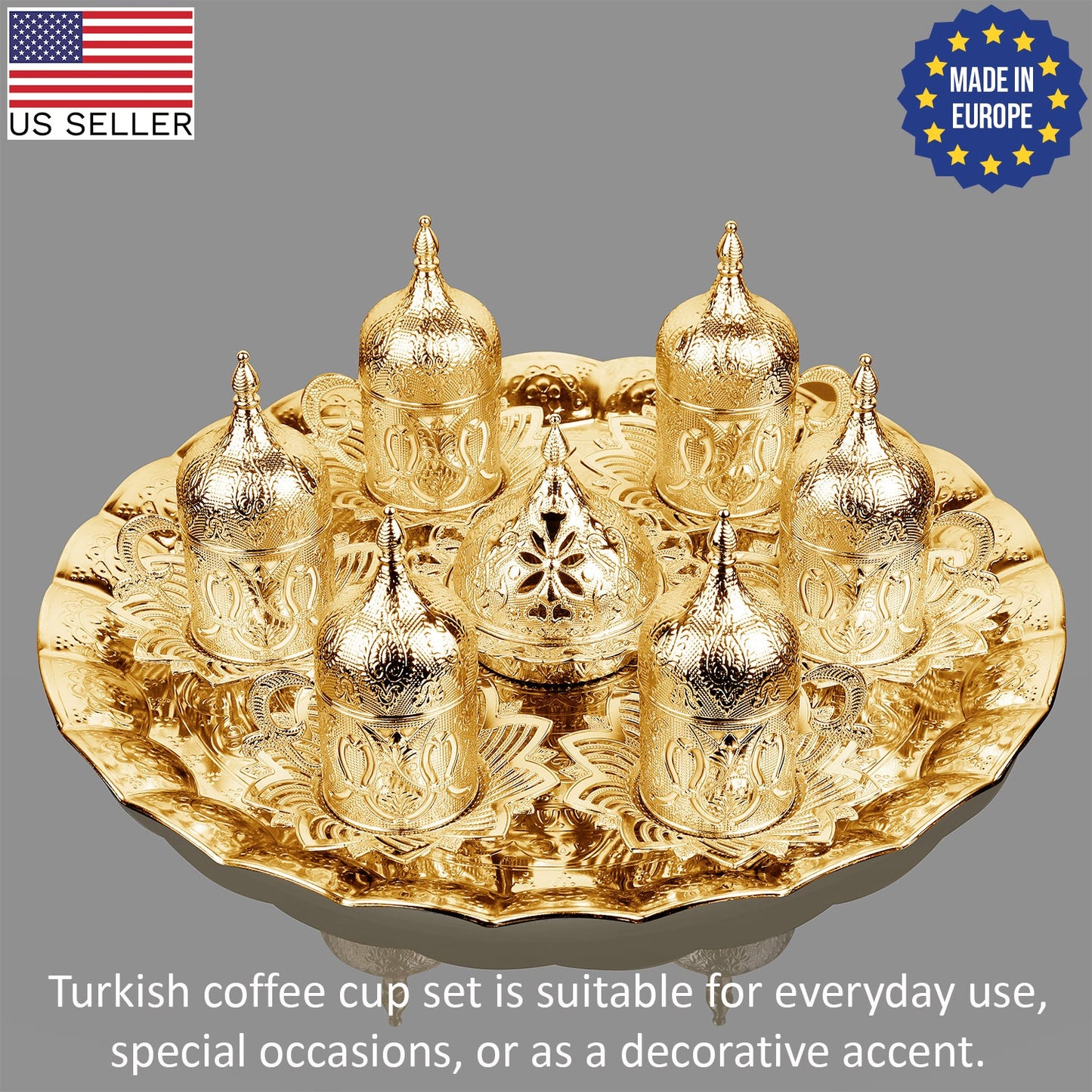 Turkish Coffee Cup Set for 6 — 27 Piece with Tray, Gold or Silver