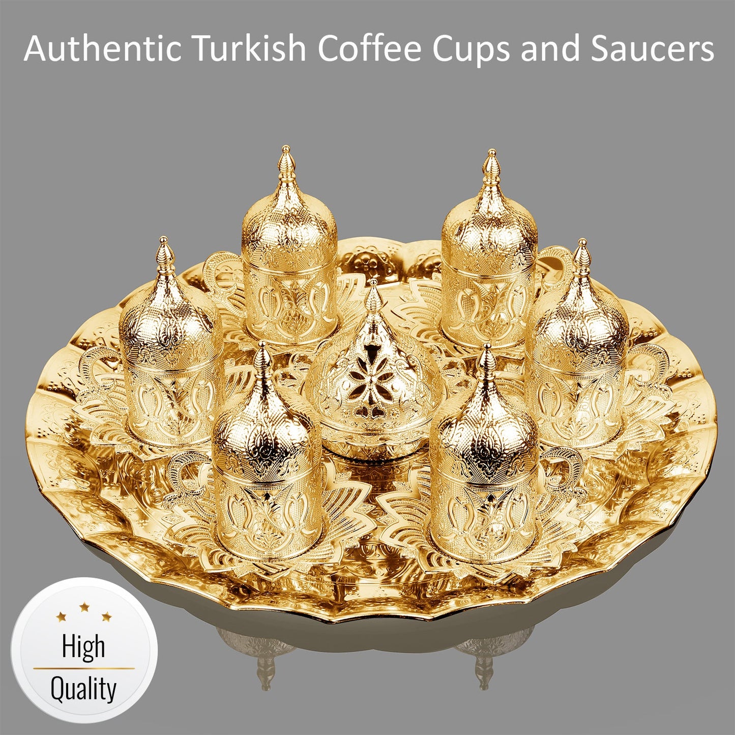 Turkish Coffee Cup Set for 6 — 27 Piece with Tray, Gold or Silver
