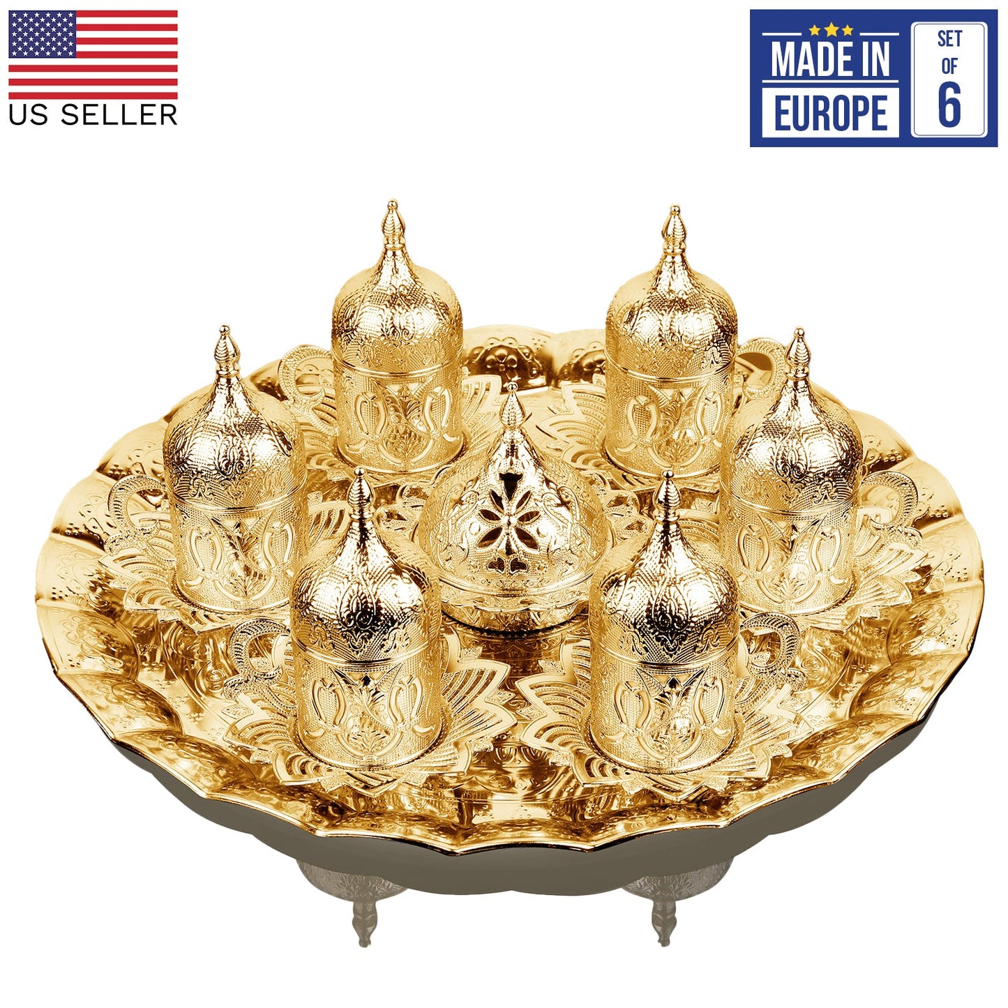 Turkish Coffee Cup Set for 6 — 27 Piece with Tray, Gold or Silver