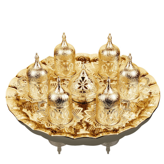 Turkish Coffee Cup Set for 6 — 27 Piece with Tray, Gold or Silver