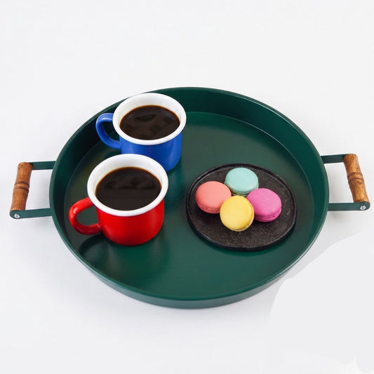 Serving Tray with Wooden Handles — Metal Base