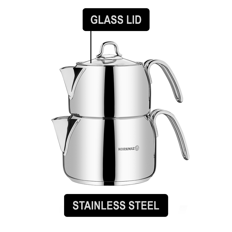 Turkish Teapot Set Stainless Steel — Korkmaz Perla, Maxi & Mega