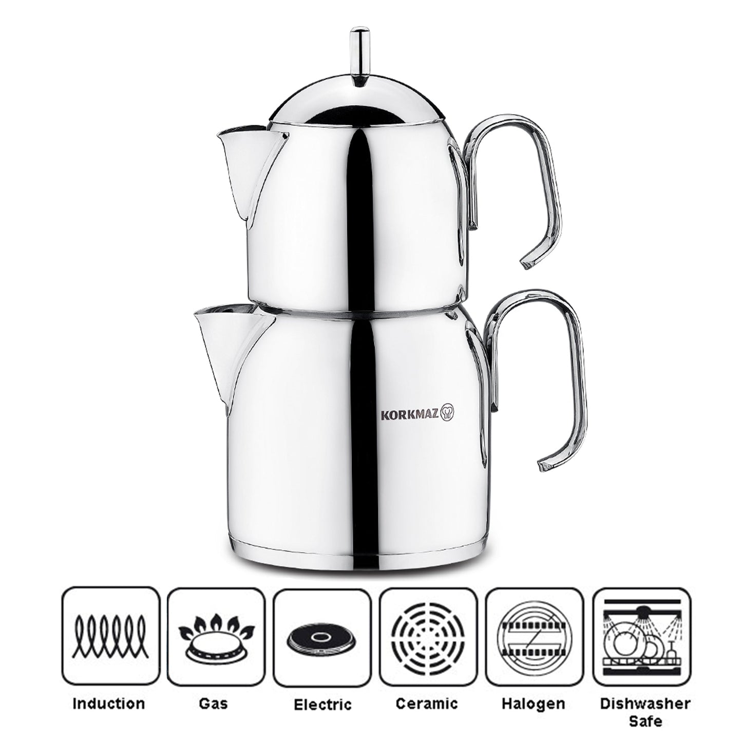 Turkish Teapot Set Stainless Steel — Korkmaz Pera, Maxi & Mega