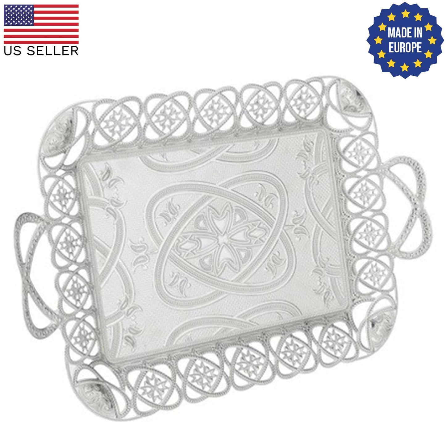 Eksen Silver Rectangular Serving Tray Embossed — 18 x 11 Inch