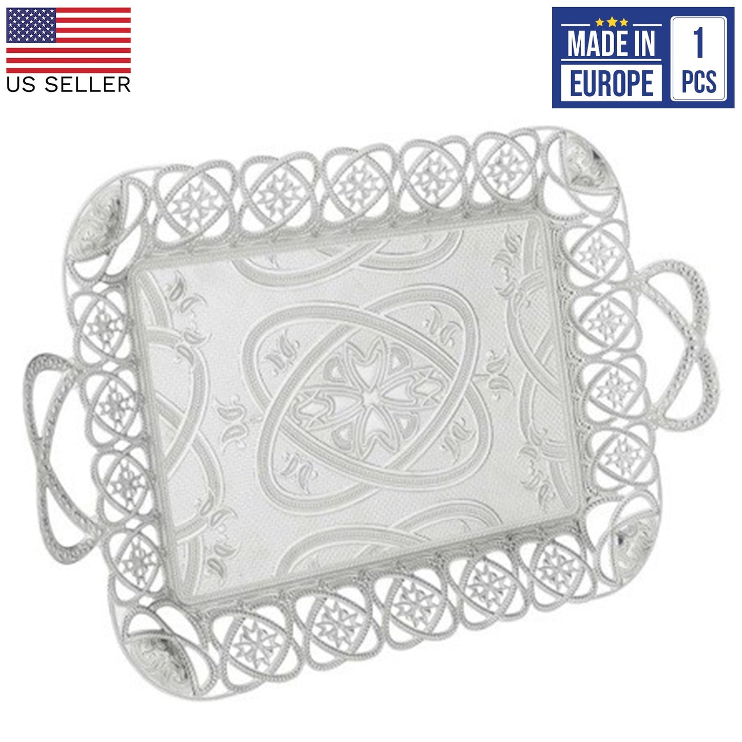 Eksen Silver Rectangular Serving Tray Embossed — 18 x 11 Inch