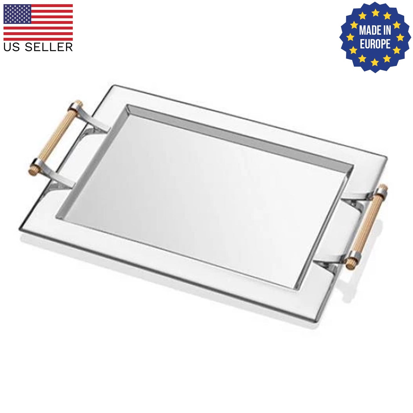 Krom Serving Tray Gold Handles Silver — 17.7 x 13.8 Inch
