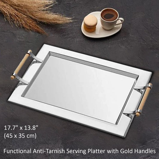Krom Serving Tray Gold Handles Silver — 17.7 x 13.8 Inch