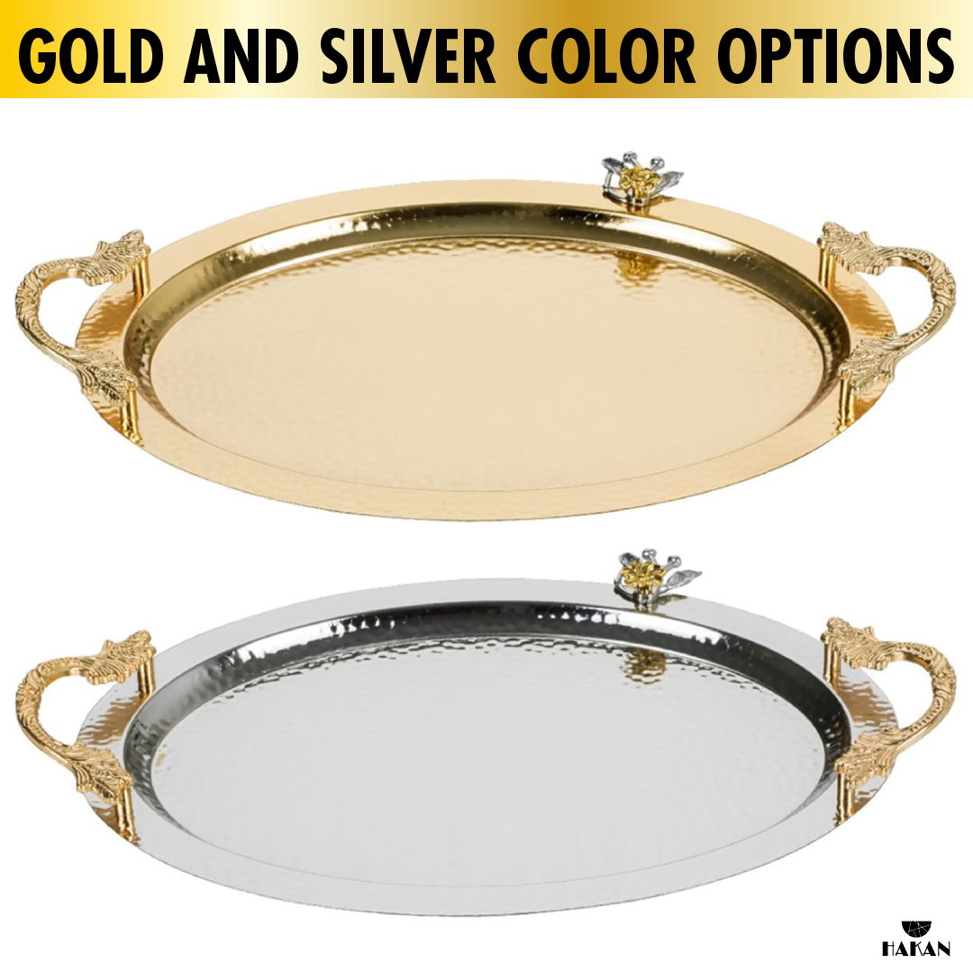 Ornamental Oval Serving Tray with Handles — 19.6 x 13 Inch