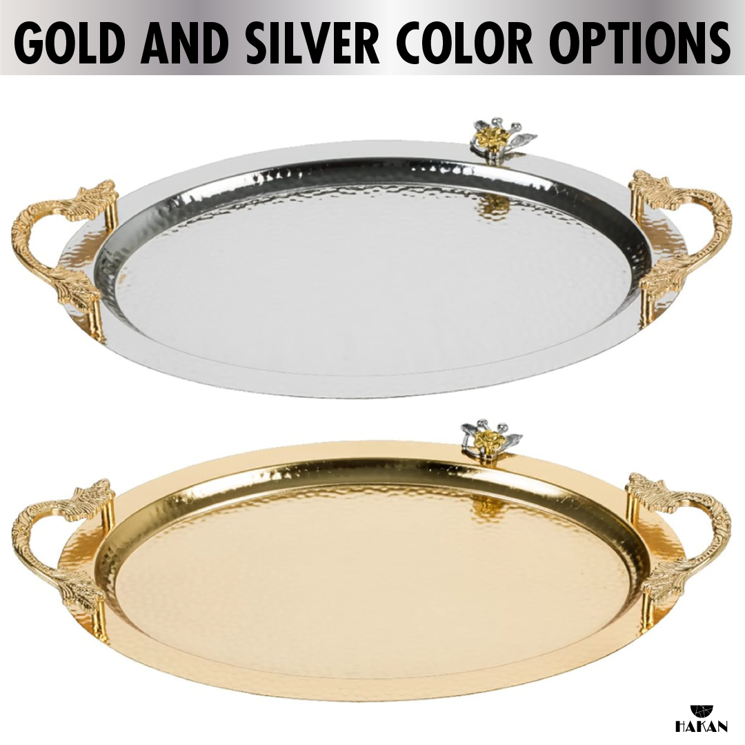 Ornamental Oval Serving Tray with Handles — 19.6 x 13 Inch