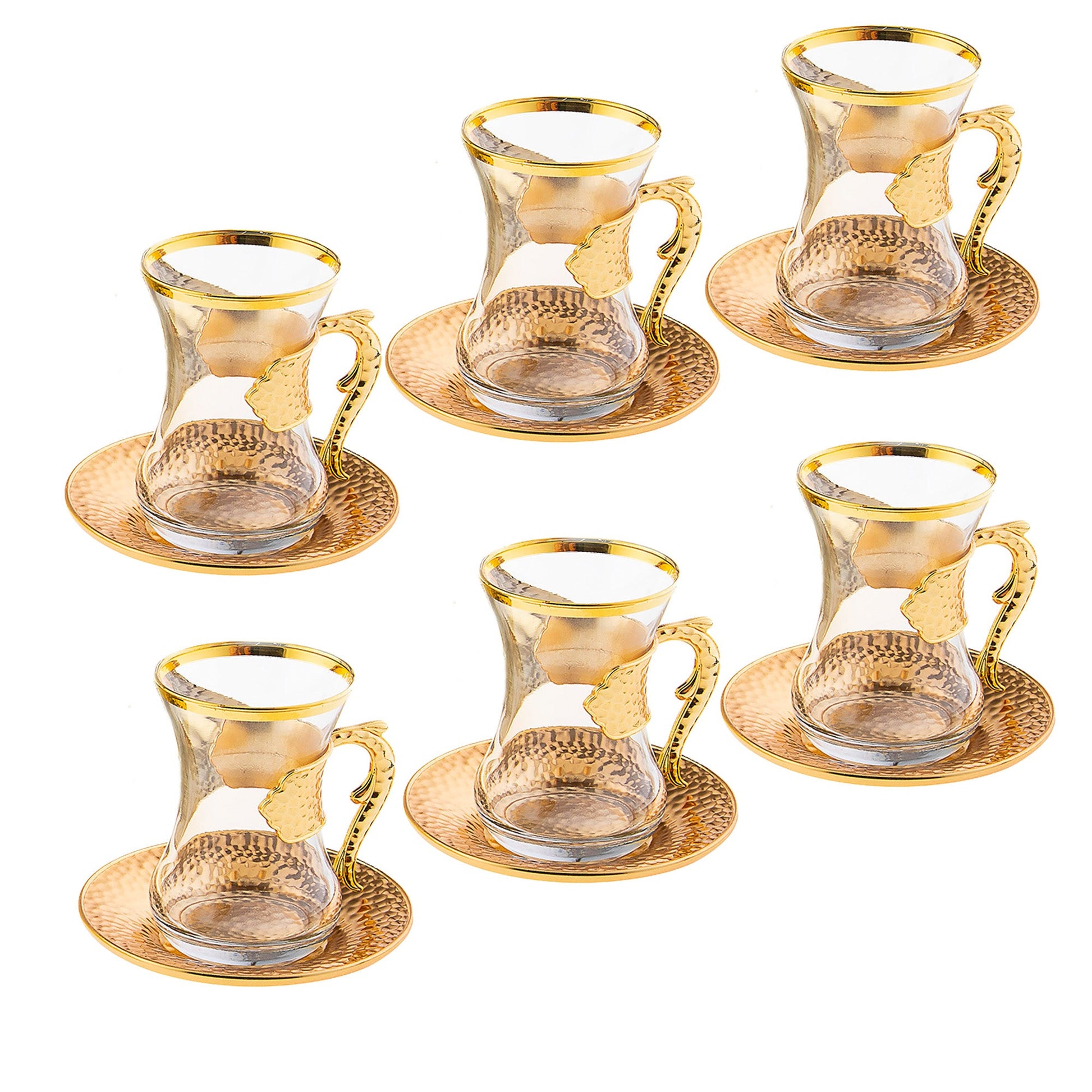 Set of six gold-rimmed glass coffee cups and saucers on a white background