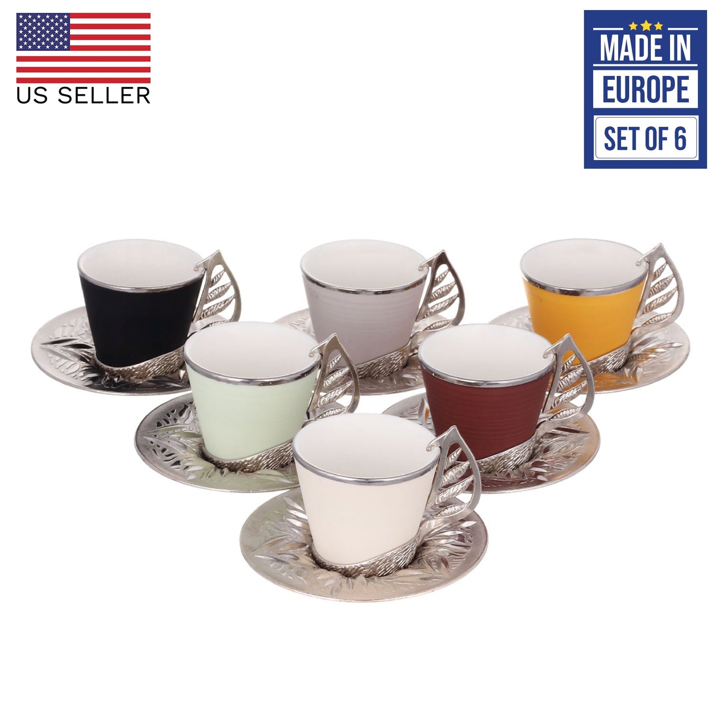 Turkish Coffee Cup Set Colorful with Stand — 19 Piece, 2.36 Oz