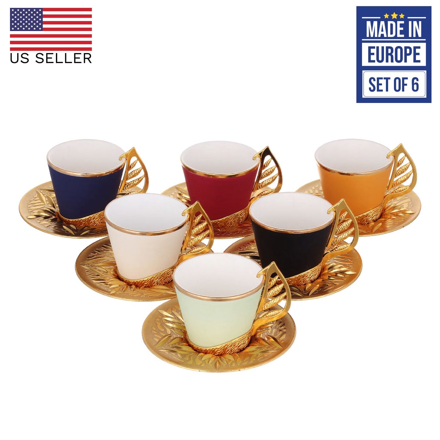 Turkish Coffee Cup Set Colorful with Stand — 19 Piece, 2.36 Oz