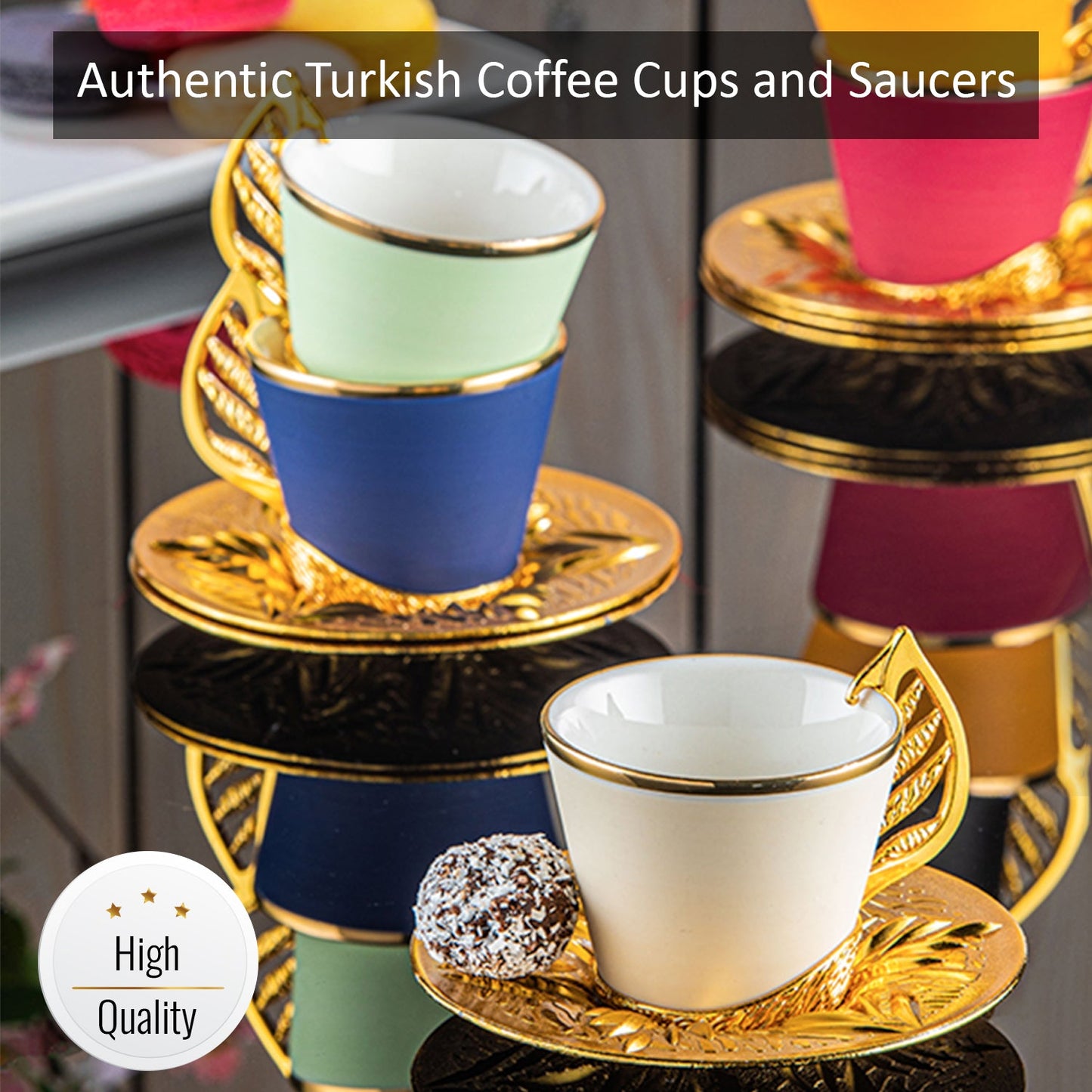 Turkish Coffee Cup Set Colorful with Stand — 19 Piece, 2.36 Oz