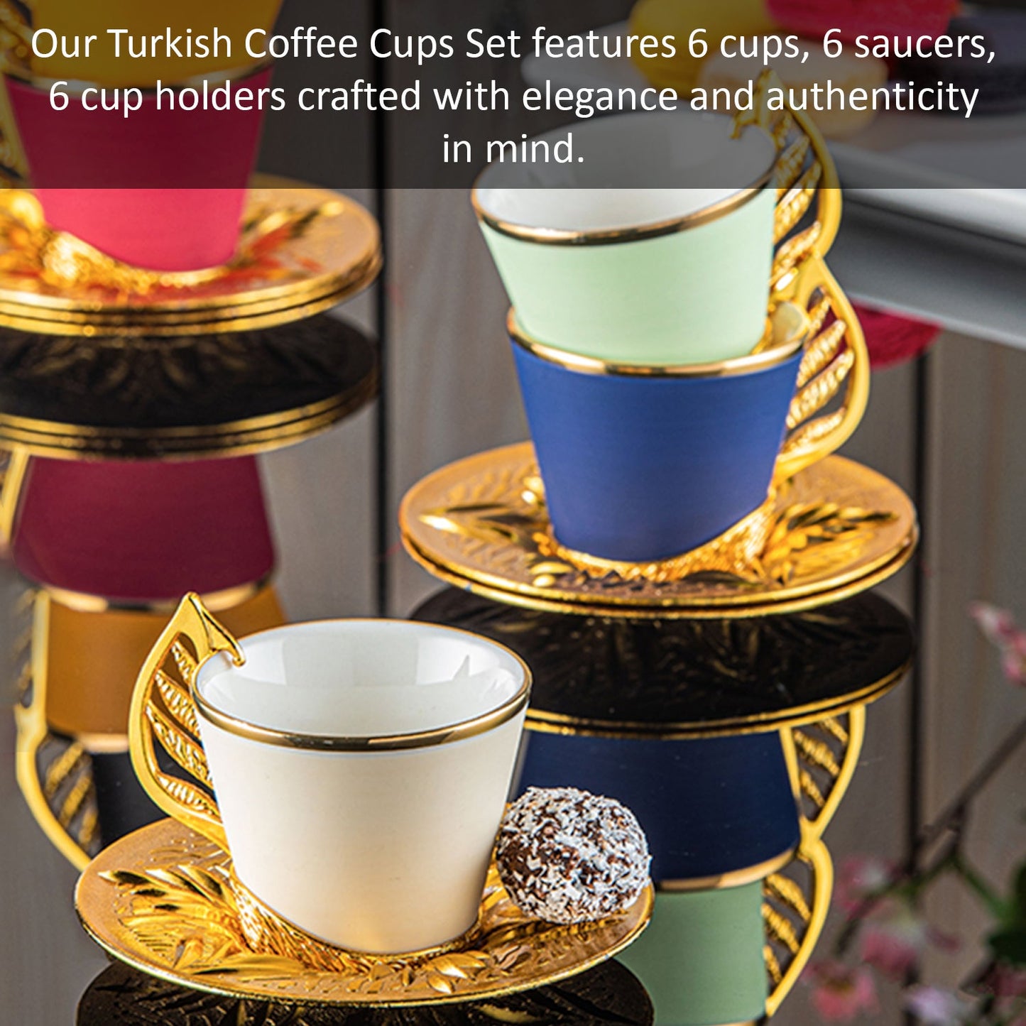 Turkish Coffee Cup Set Colorful with Stand — 19 Piece, 2.36 Oz