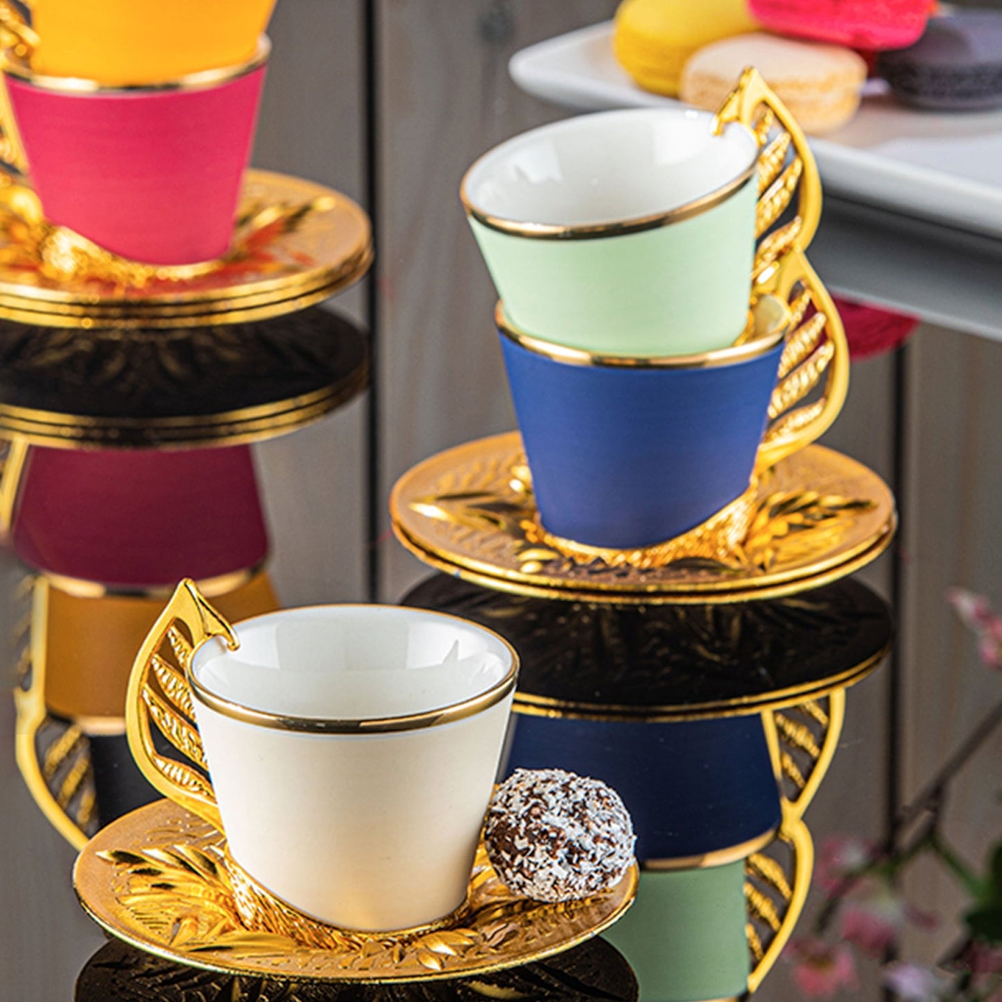 Turkish Coffee Cup Set Colorful with Stand — 19 Piece, 2.36 Oz