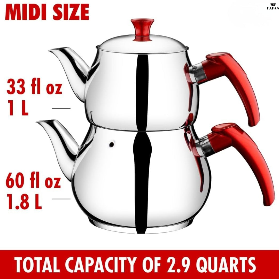 Double Turkish Teapot Set Stainless Steel — Bondy, 3 Sizes