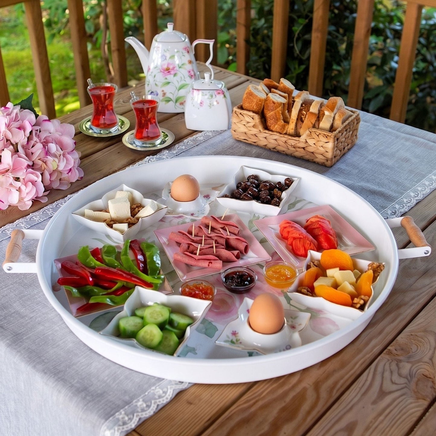 Serving Tray with Wooden Handles — Metal Base
