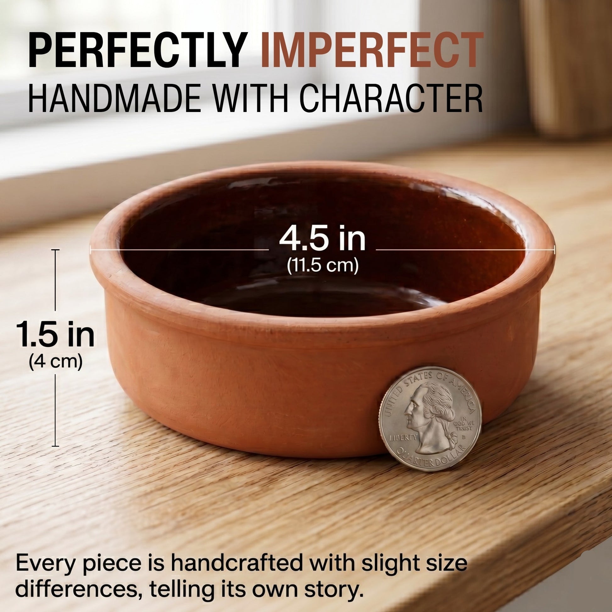Handmade terracotta bowl with measurements and a coin for scale on a wooden surface.