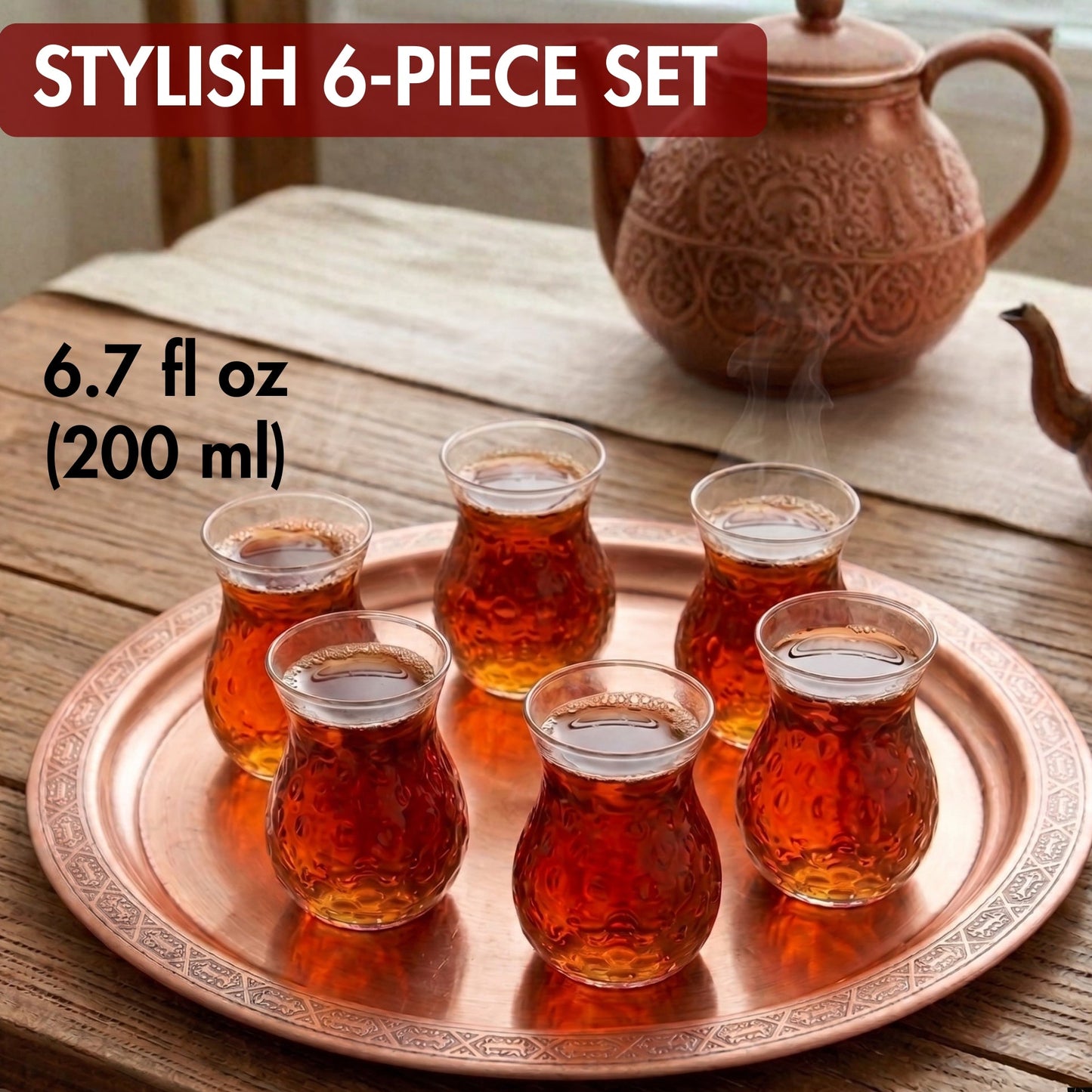 6-piece tea set with teapot and cups on a wooden table