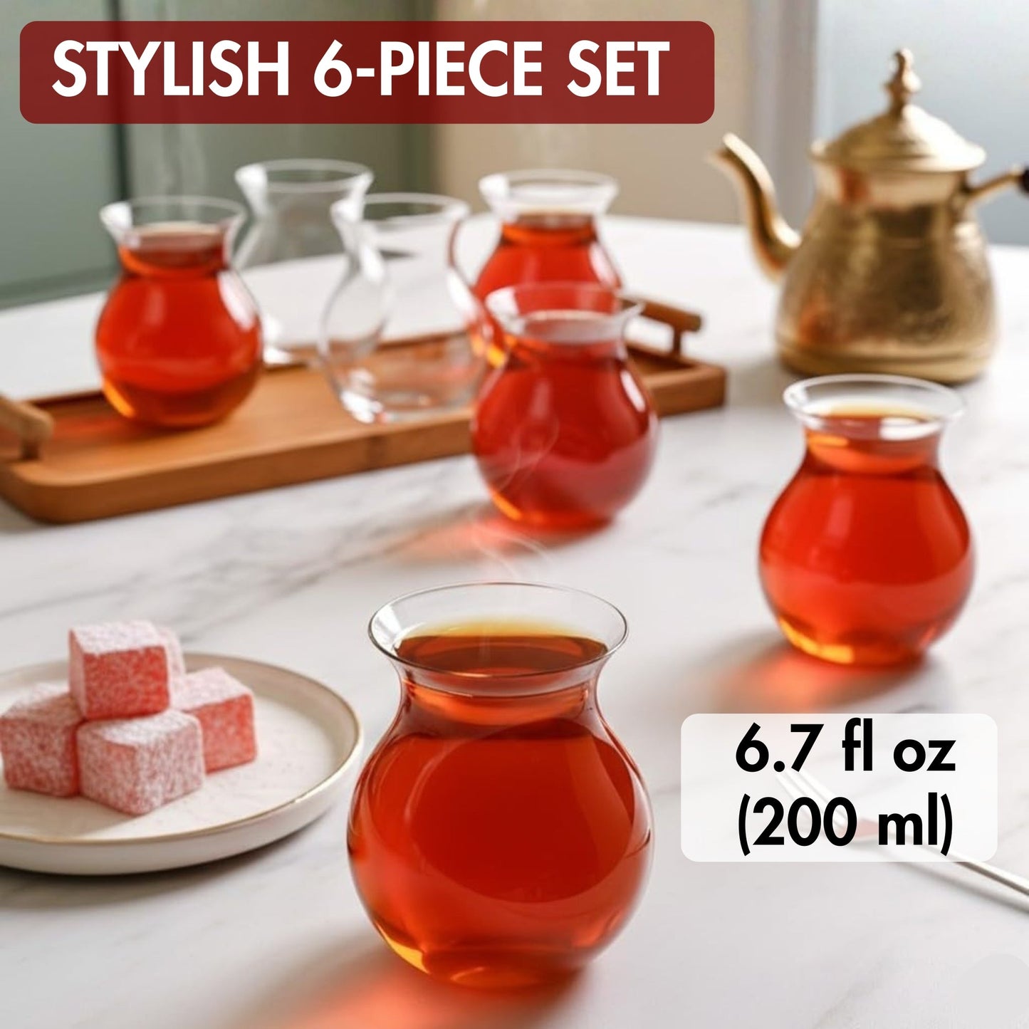 Turkish Tea Glass Set 6 Piece — 6.7 Oz, 3 Designs