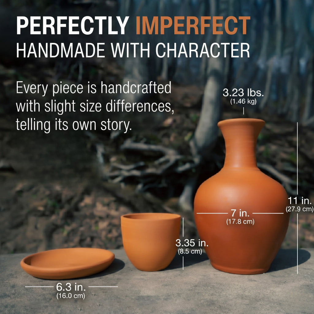 Terracotta pot with measurements and text about handmade character